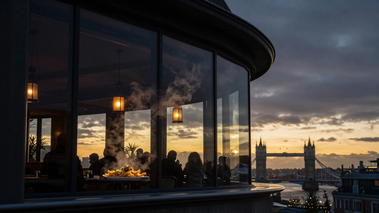 Sunrise over Heron Tower, Duck n Waffle glowing like a lantern, steam rising from food inside as the city awakens below.