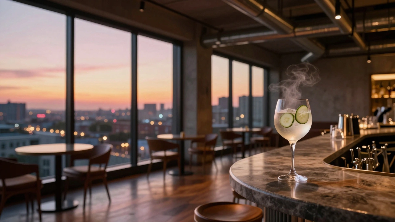 Sunset light floods a minimalist bar interior, mirrors doubling the city lights as a cool gin cocktail rests on a wooden counter.
