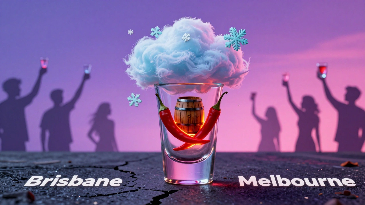 Surreal shot glass containing swirling flavors like cotton candy, chili, and peppermint, hovering above city pavement.
