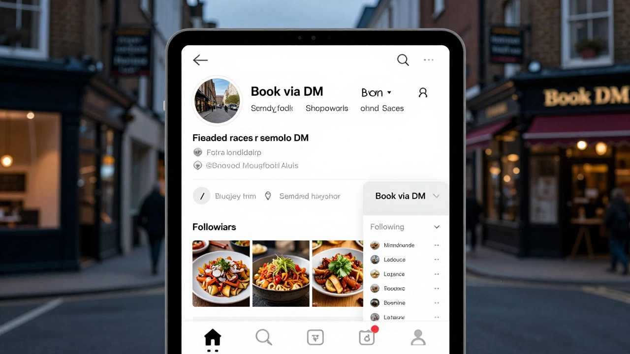Tablet displaying a clean Instagram profile alongside a restaurant's booking-focused feed.