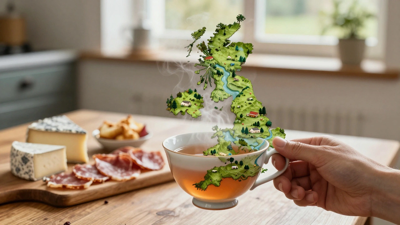Tea steam forming a map of England with local farms and ingredients in the background.