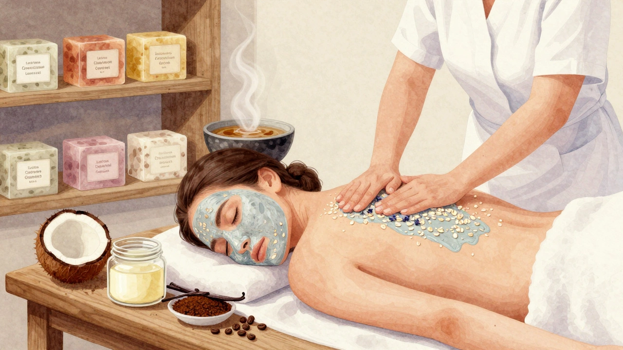 Therapist massaging a handmade oat mask onto a client’s back in Lush Spa, surrounded by open jars of natural ingredients.