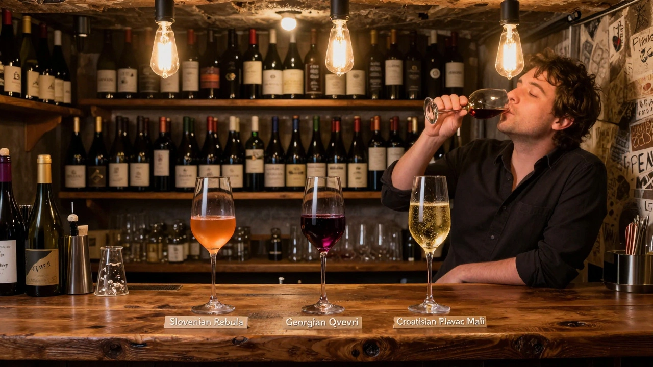 Three unique wines on wooden counter in basement bar, labeled only by region, no menus or decor.