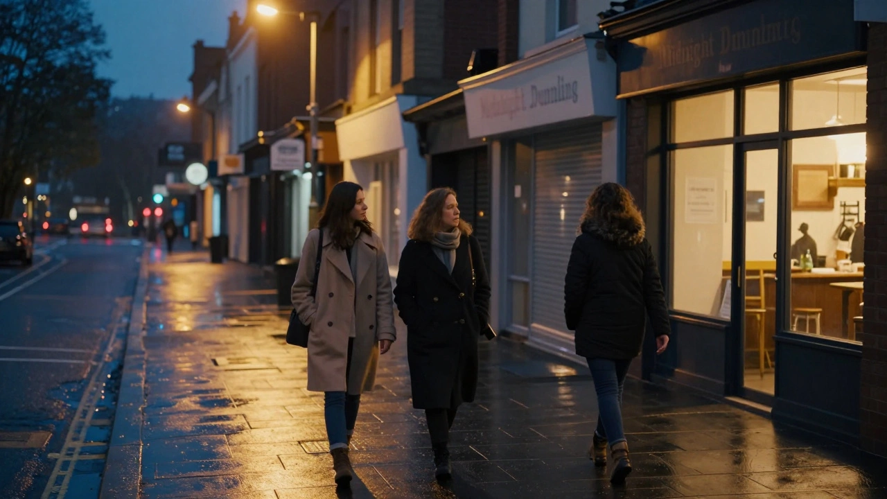Three women walking down a softly lit street at night, streetlights glowing gold on wet pavement.