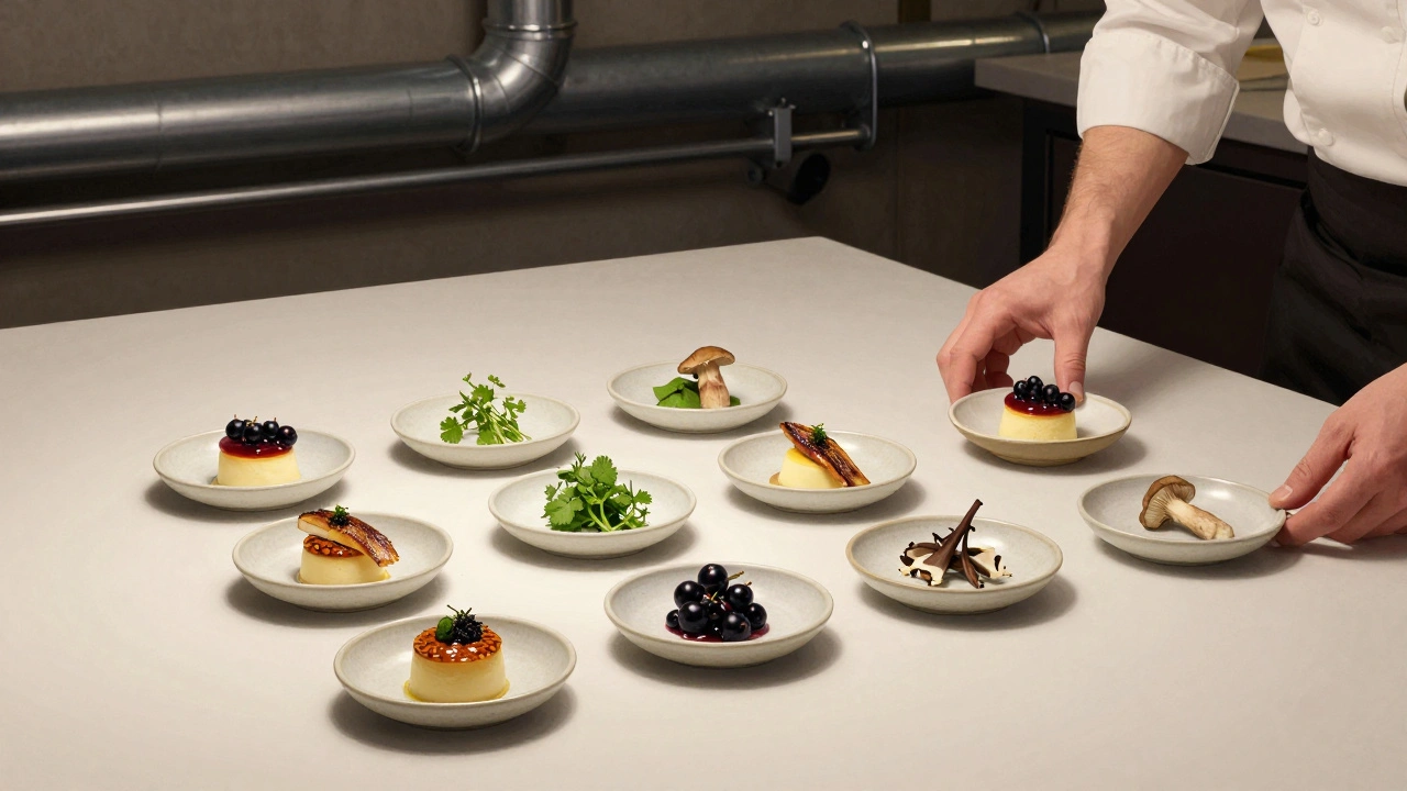 Twelve small British seasonal dishes arranged in a curved tasting menu at The Clove Club.