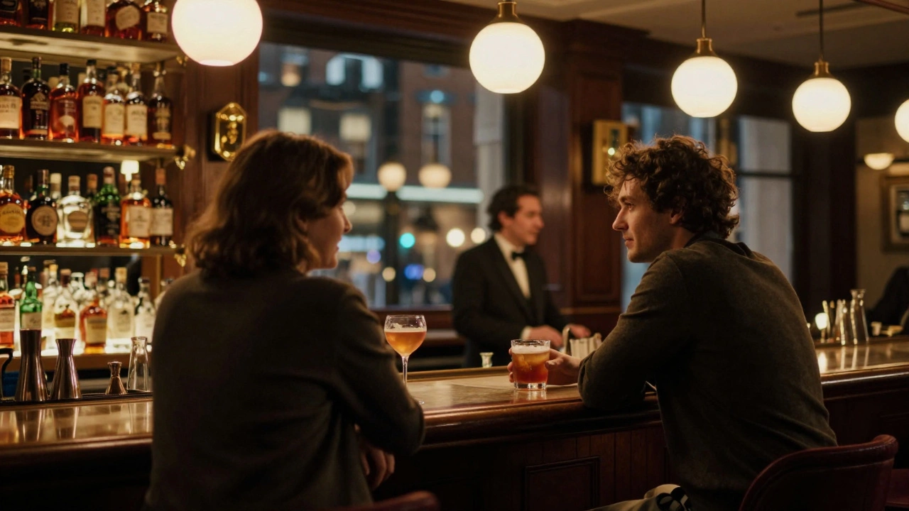 Two people enjoying quiet cocktails at a sophisticated bar with warm lighting and city lights outside.