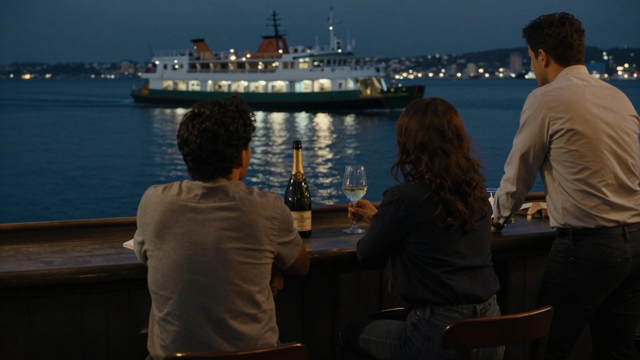Two people silently watching ferry lights cross the harbor from a bar window, no words needed.
