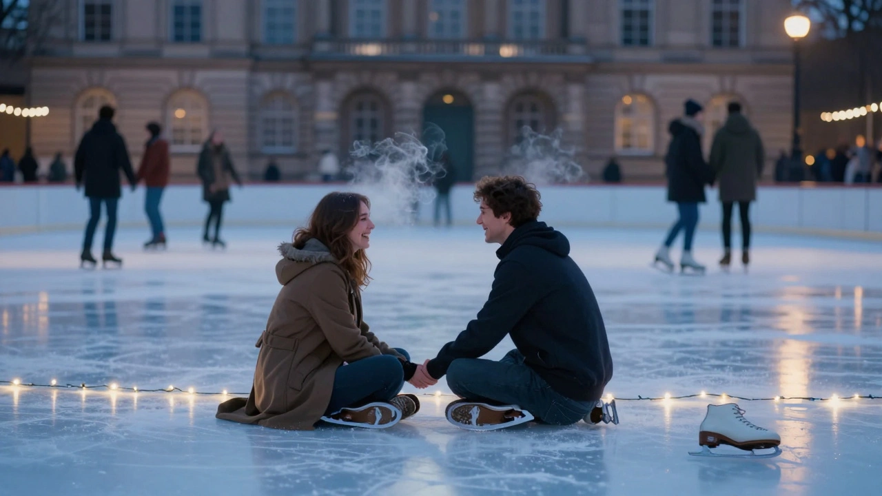Two people skating gently together on the quiet Somerset House ice rink under twinkling fairy lights.