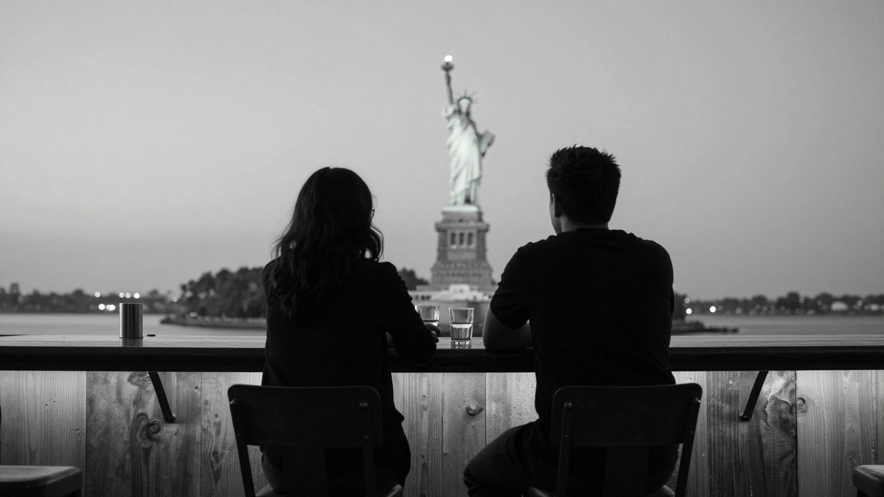 Two silhouettes sit in quiet contemplation at a bar table, gazing at the Statue of Liberty’s torch glowing in the distance.