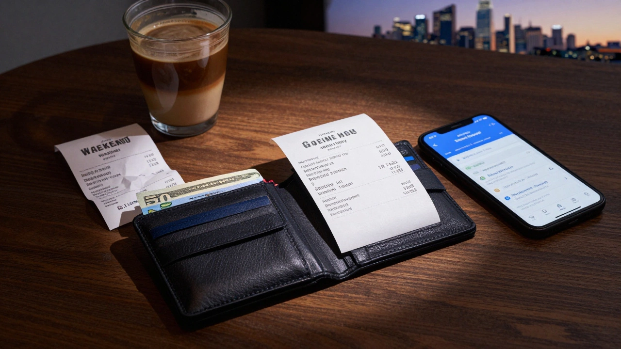Wallet with weekday and weekend receipts, coffee, and phone showing happy hour search