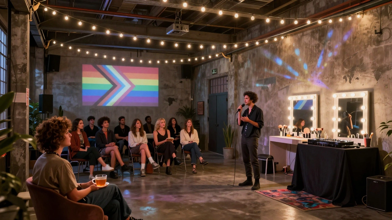 Warehouse party with quiet corner for rest, poet speaking at mic, makeup station nearby.