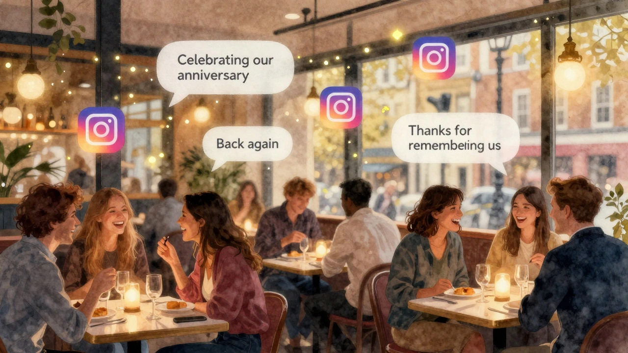 Warmly lit restaurant interior with floating Instagram DM messages drifting above diners.