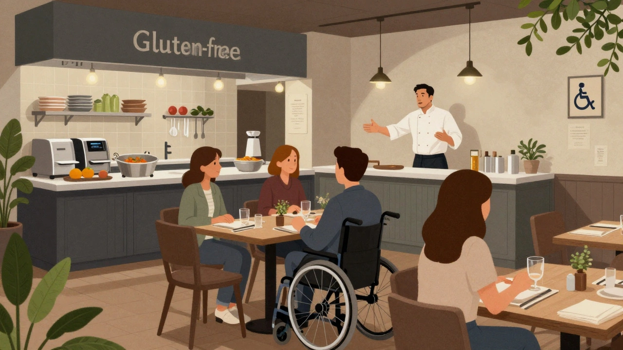 Wheelchair user dining at a level table in a London restaurant with visible gluten-free kitchen station.