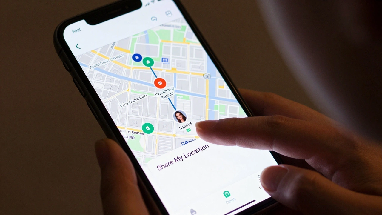 Woman's hand tapping 'Share My Location' on iPhone, map showing friends' positions in London.