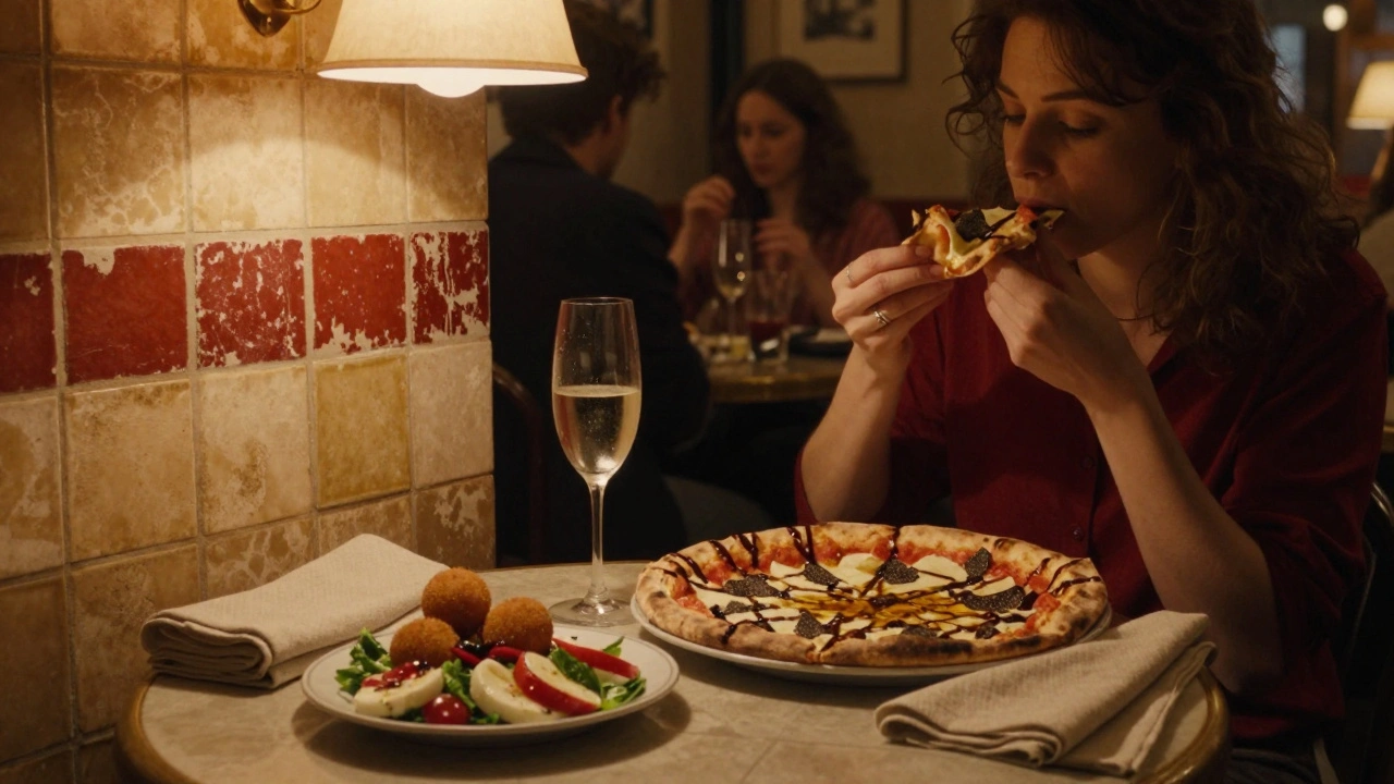 Woman enjoying truffle honey pizza and caprese salad in a cozy, warmly lit Italian bistro with vintage tiles.