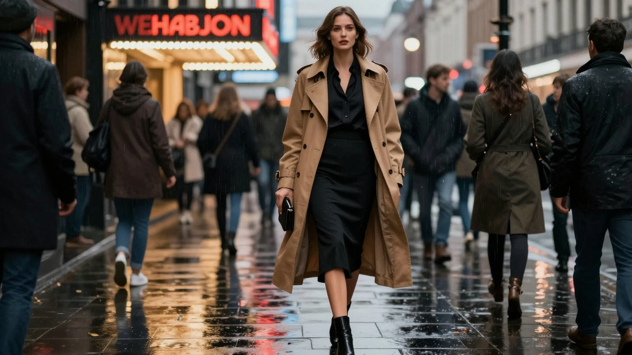 Woman in a trench coat and midi skirt walking through a lit West End theatre district at night.