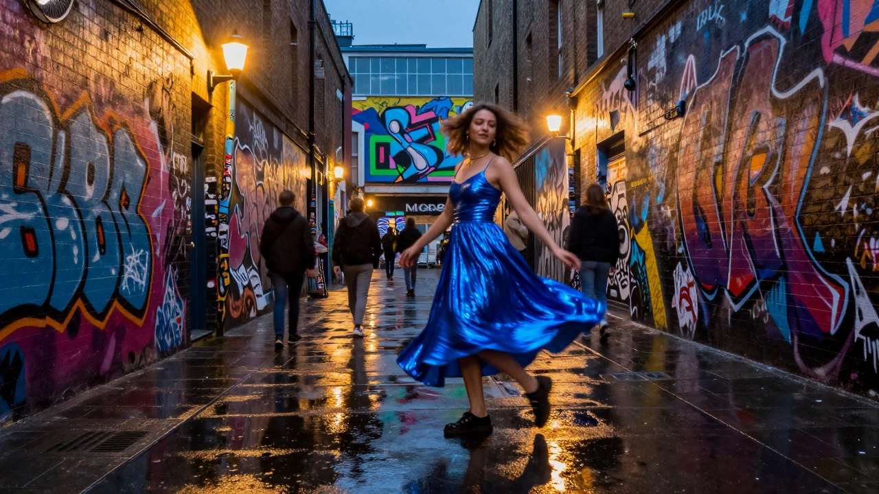 Woman in electric blue dress walking past colorful graffiti in a Shoreditch alley at night.