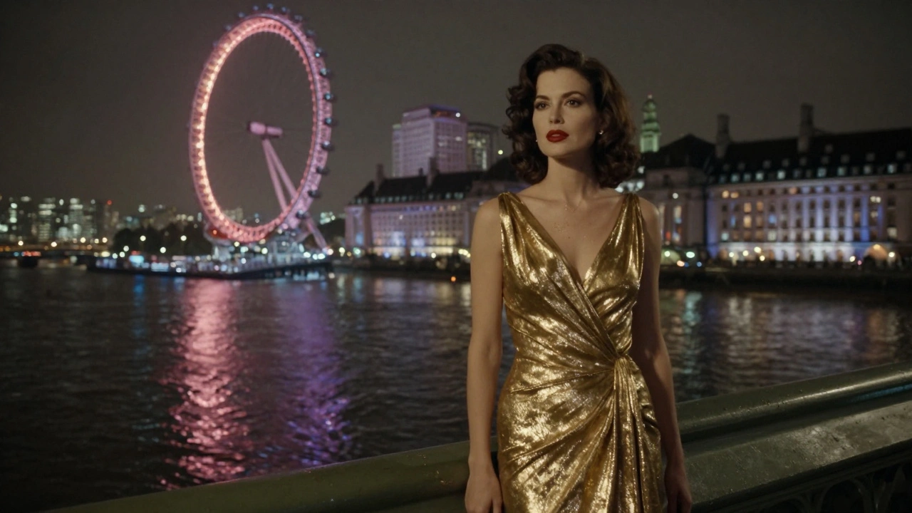Woman in gold lamé dress beside the Thames with London Eye in distance, reflections on water.