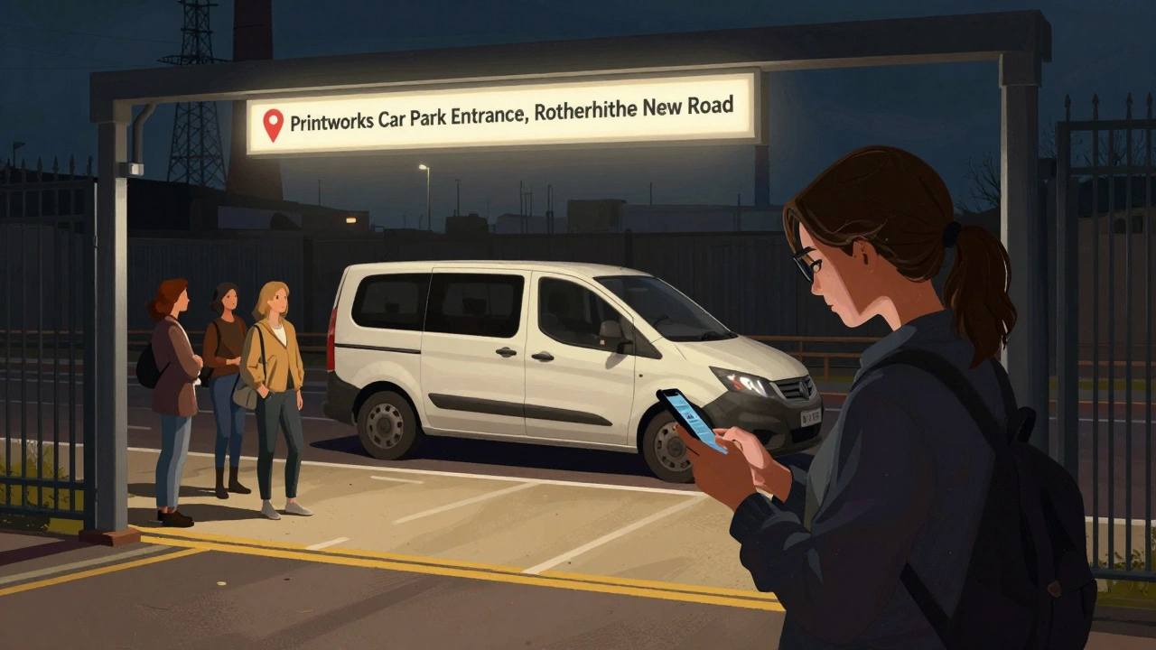 Woman showing a location pin at the illuminated Printworks car park entrance for ride pickup.