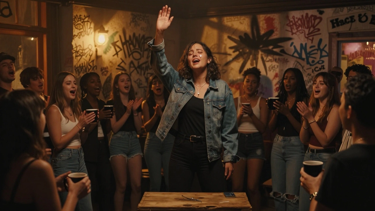 Woman singing emotionally in a graffiti-covered bar, surrounded by friends holding mugs, tears in her eyes.