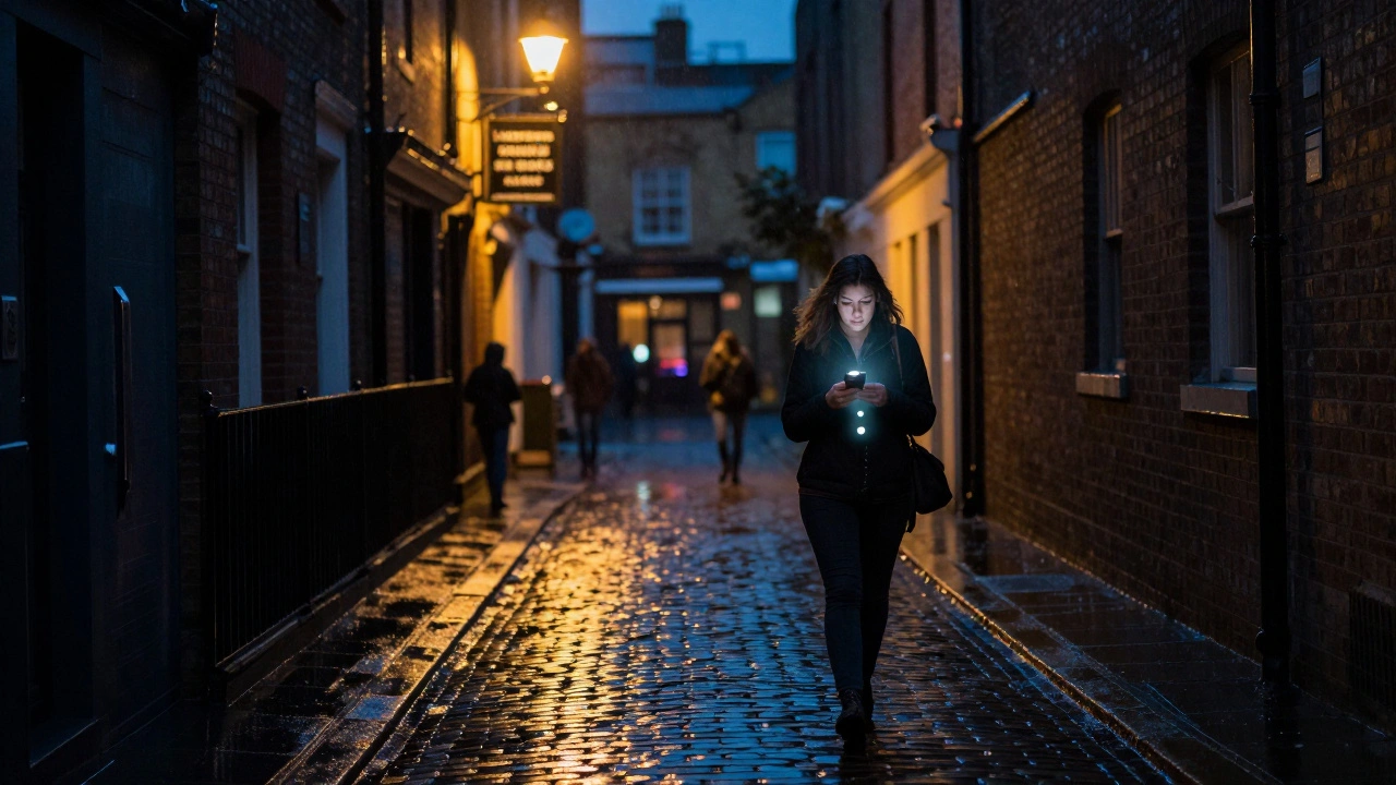 Woman walking at night in Camden, faint location dot glowing on map overlay as she heads to a pub.