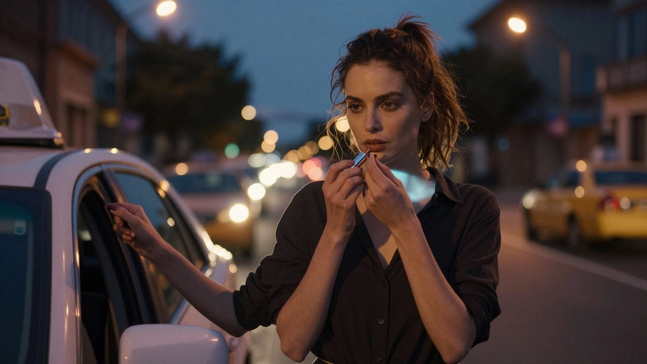 Woman walking home at night with glowing skin and messy ponytail, preparing to enter a taxi.