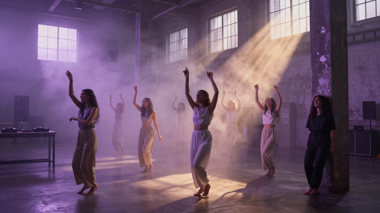 Women dancing in a vast warehouse at dawn, golden and lavender light flooding in as the night ends.