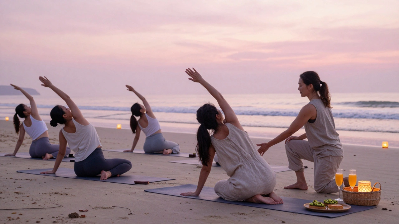 Women practicing sunrise yoga on a beach as lanterns float toward a soft pink sky.