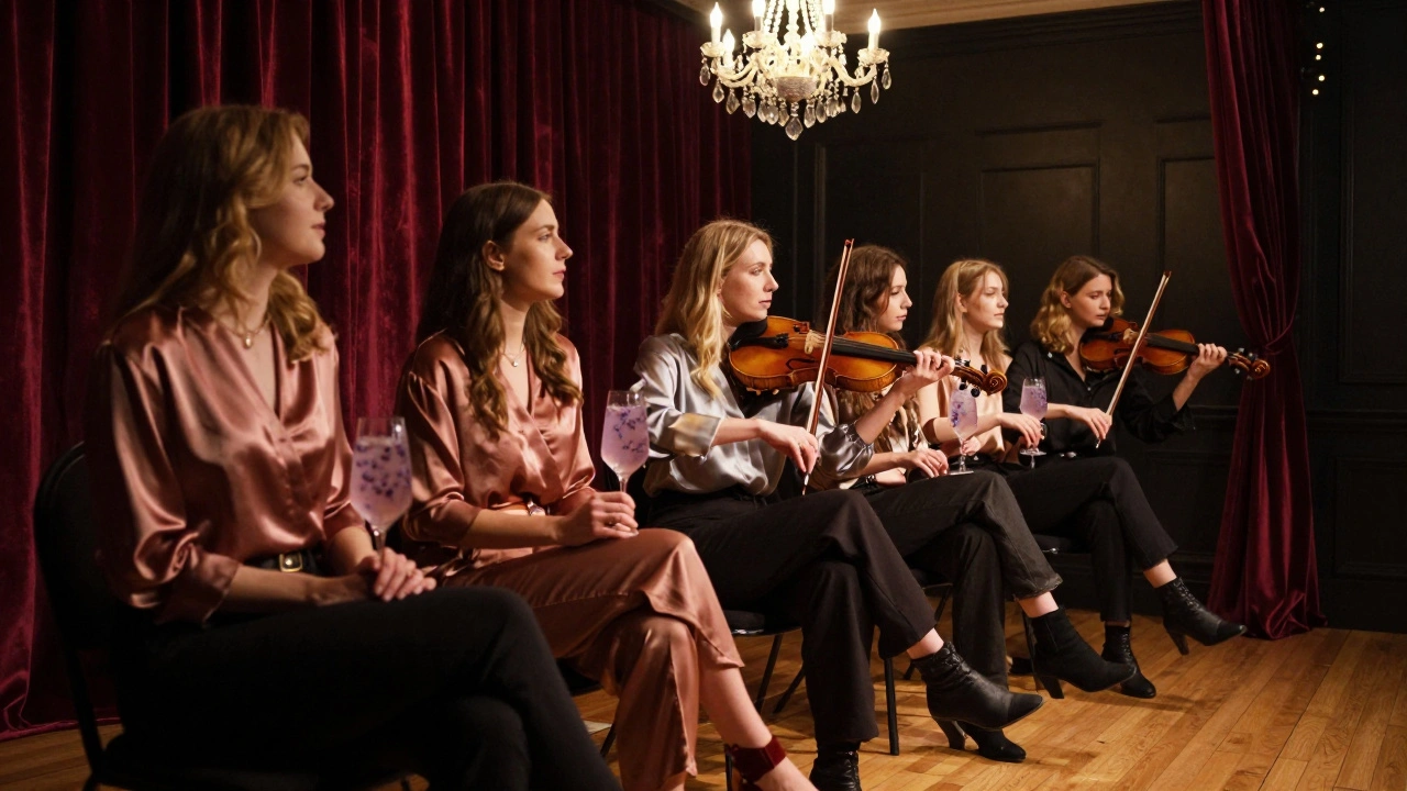 Women sipping cocktails under a chandelier while listening to a violinist at Bush Hall, surrounded by velvet curtains.