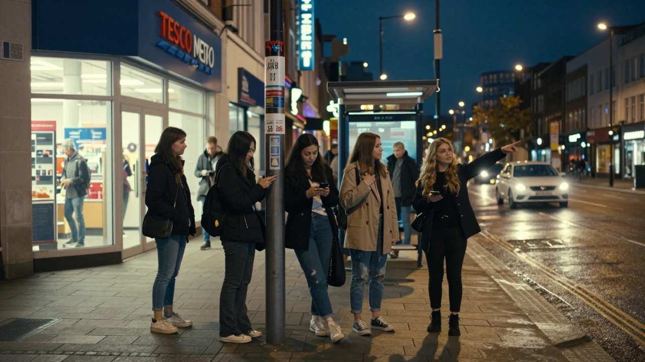 Women standing near a 24-hour Tesco at Farringdon Road, waiting for a ride after a night out.