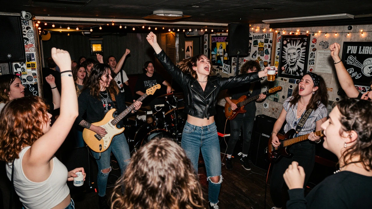 Young women dancing wildly in a sticker-covered basement venue with a punk band performing on stage.