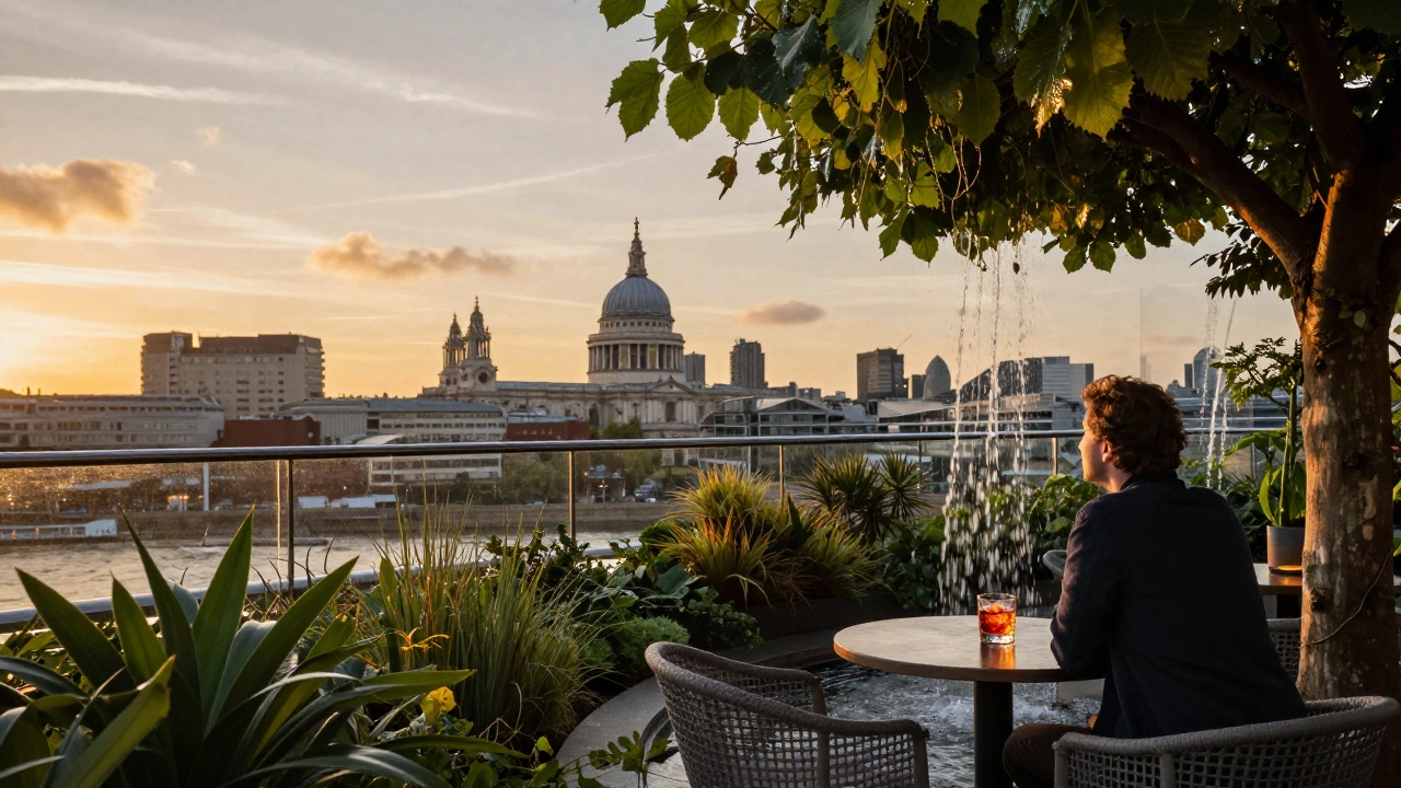 360-degree rooftop garden at sunset, lone guest overlooking the Thames and St. Paul’s Cathedral under golden light.