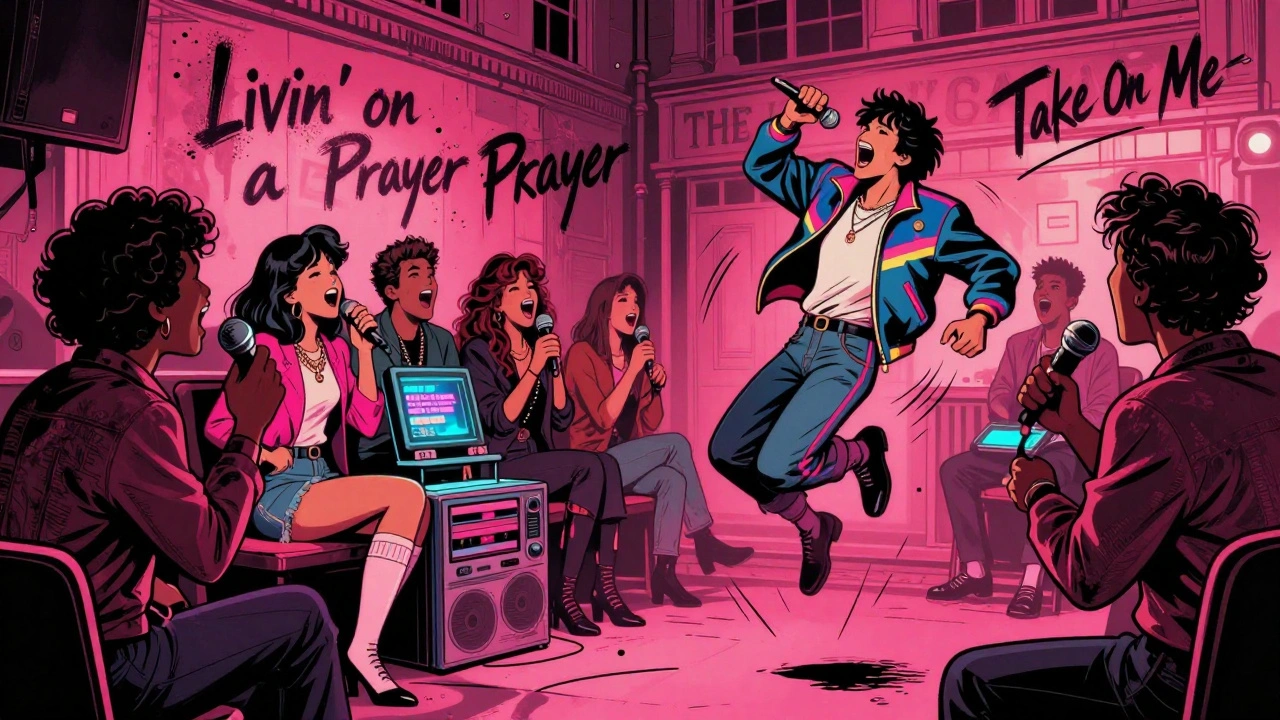 80s-themed group singing in a dimly lit karaoke booth with retro lyrics on screen