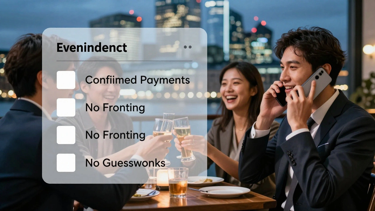 A calm person sending payment reminders via phone while others celebrate, with a checklist overlay for fair cost-sharing.