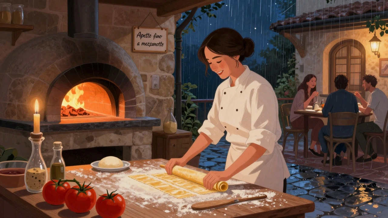 A chef hand-rolling pasta in a cozy Italian trattoria lit by candlelight and a wood-fired oven.