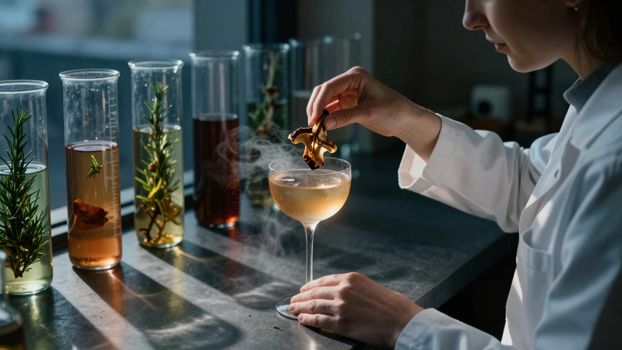 A chemist bartender placing a mushroom garnish on a cocktail, surrounded by scientific glassware and botanicals.
