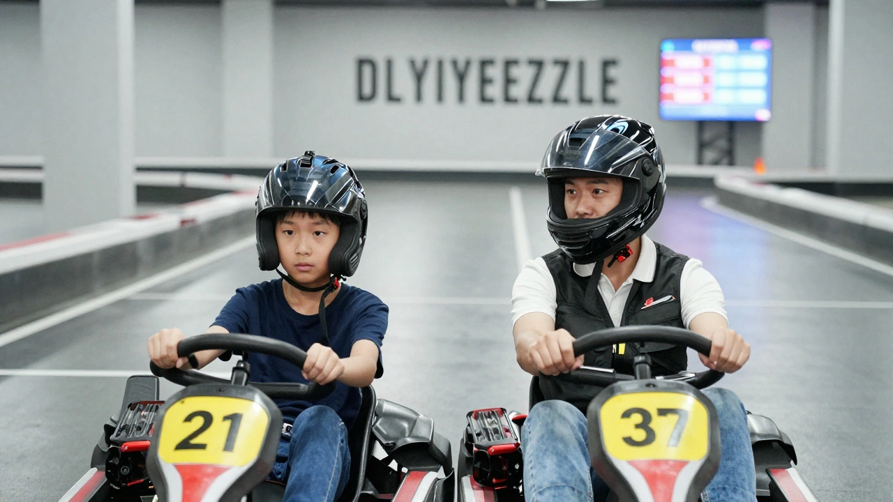 A child and adult side-by-side in go-karts, focused on navigating a tight turn during a race.