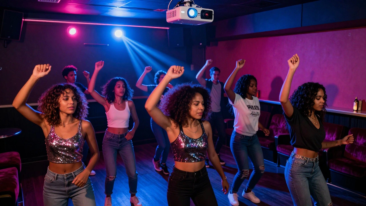 A cinema turned dance floor after midnight, crowd dancing wildly under strobe lights to upbeat music.