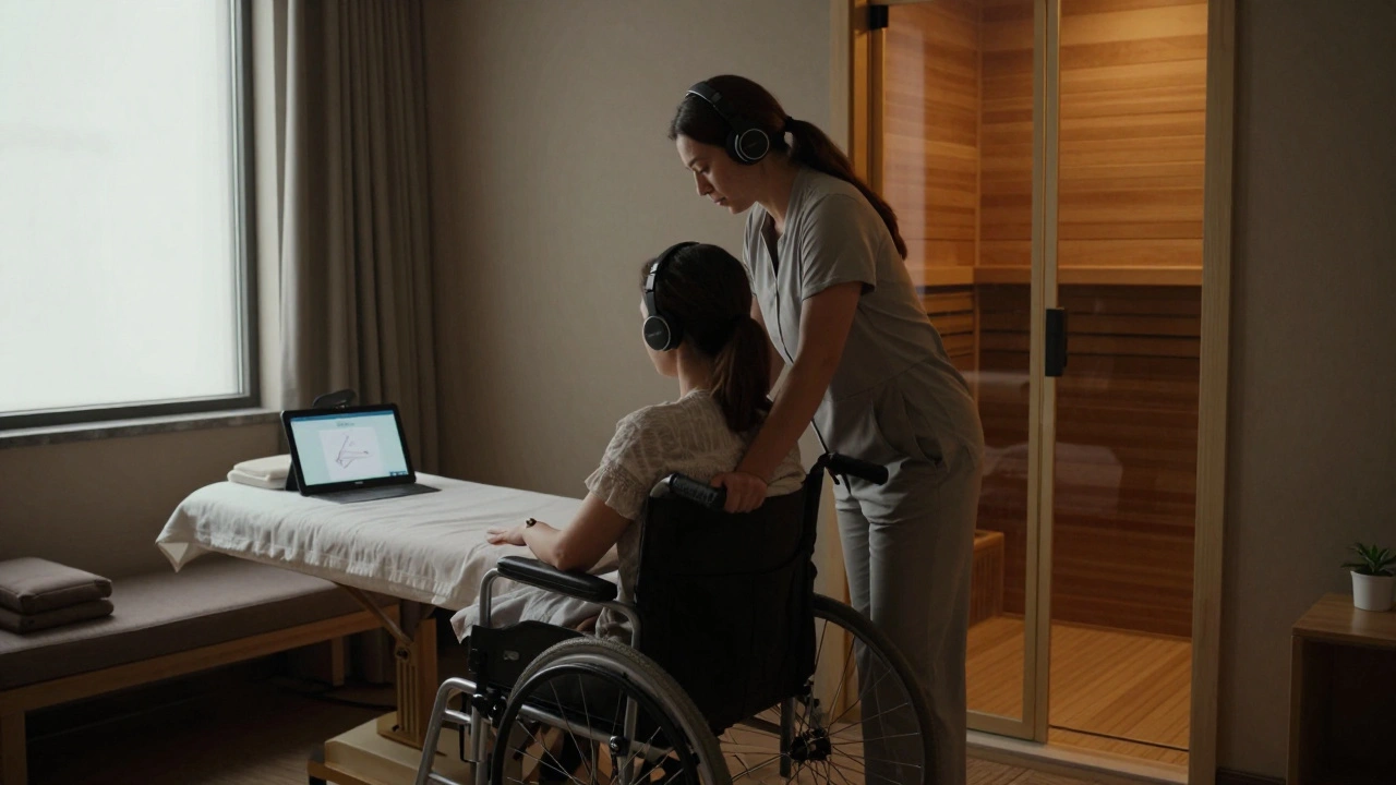 A client in a wheelchair receives a massage with noise-canceling headphones in a dimly lit, calm treatment room.