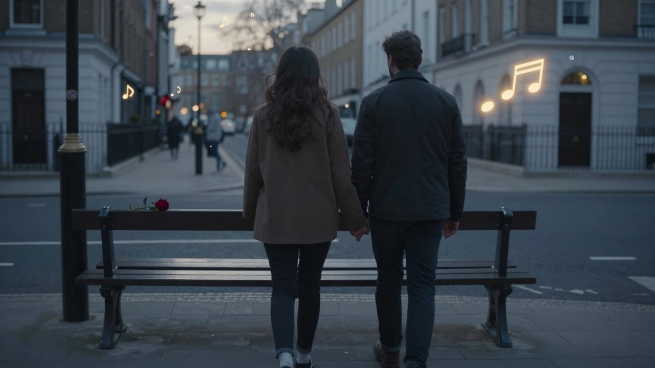 A couple walking hand in hand through a quiet London street at dawn, a single red rose left on a bench behind them.