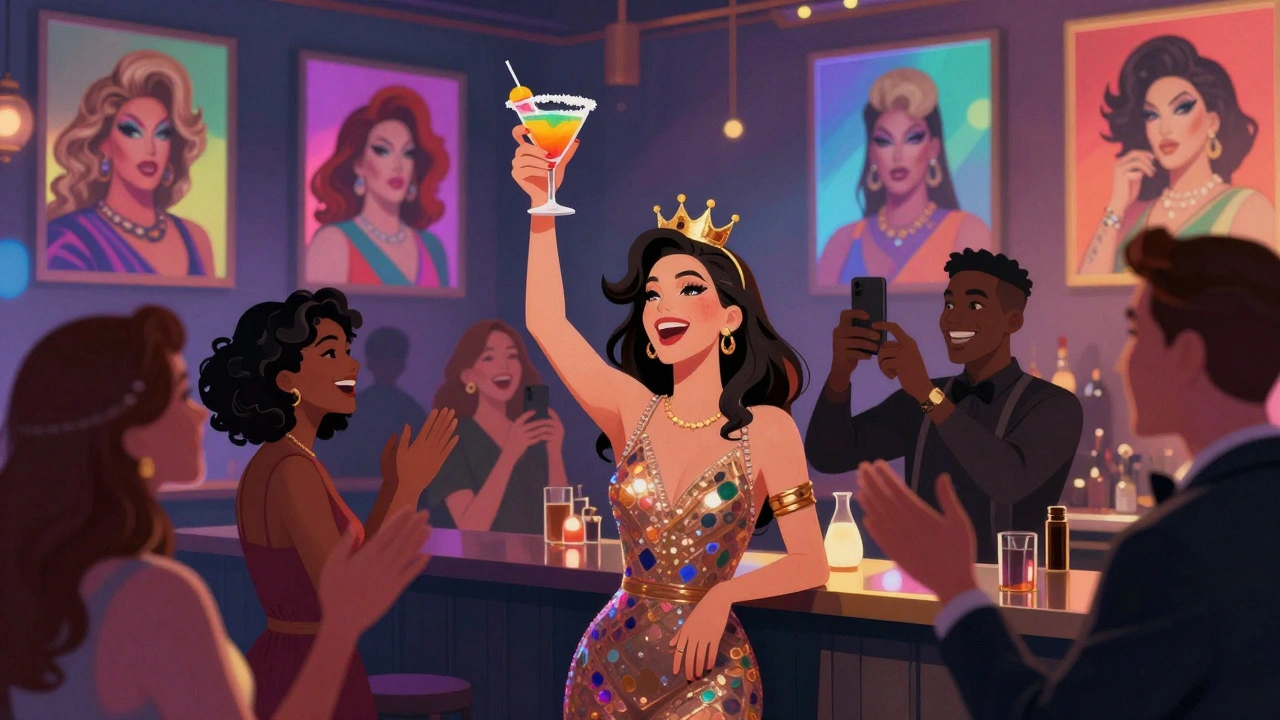 A crowd celebrates with glowing cocktails under rainbow lights and drag queen portraits.