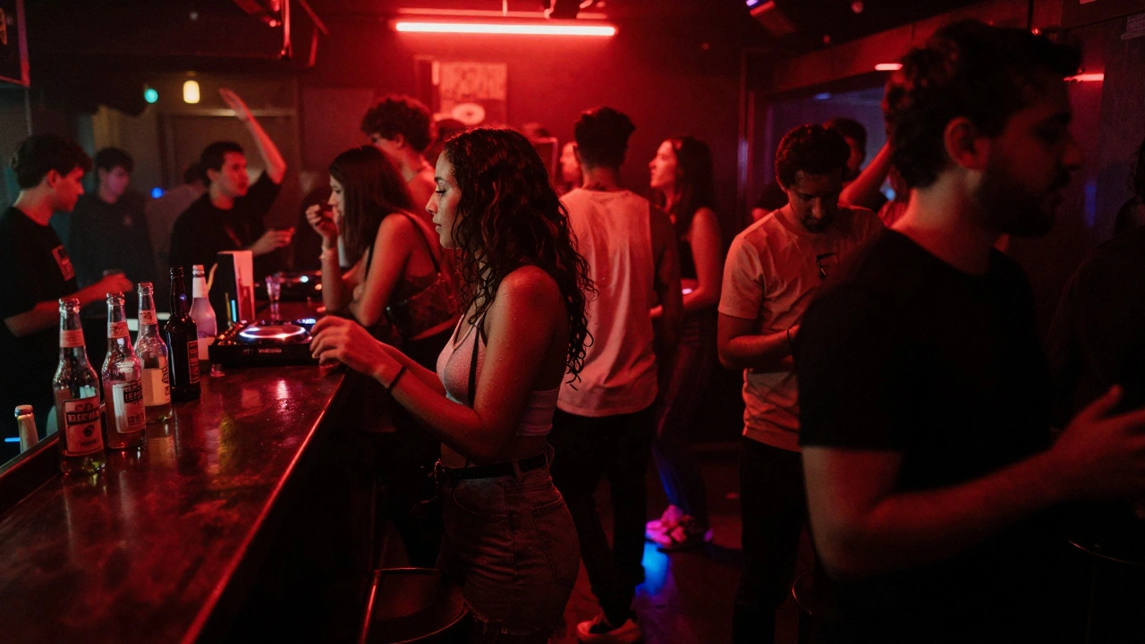 A crowded underground club with red lighting, people dancing to deep house, beer bottles on a simple counter.