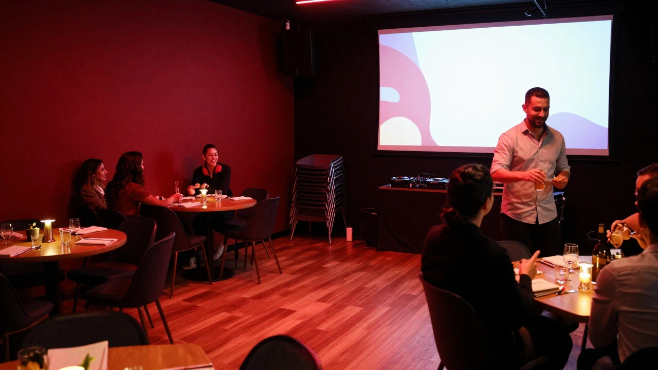 A dance floor opens as tables are cleared, with a bartender serving cocktails under red ambient light.