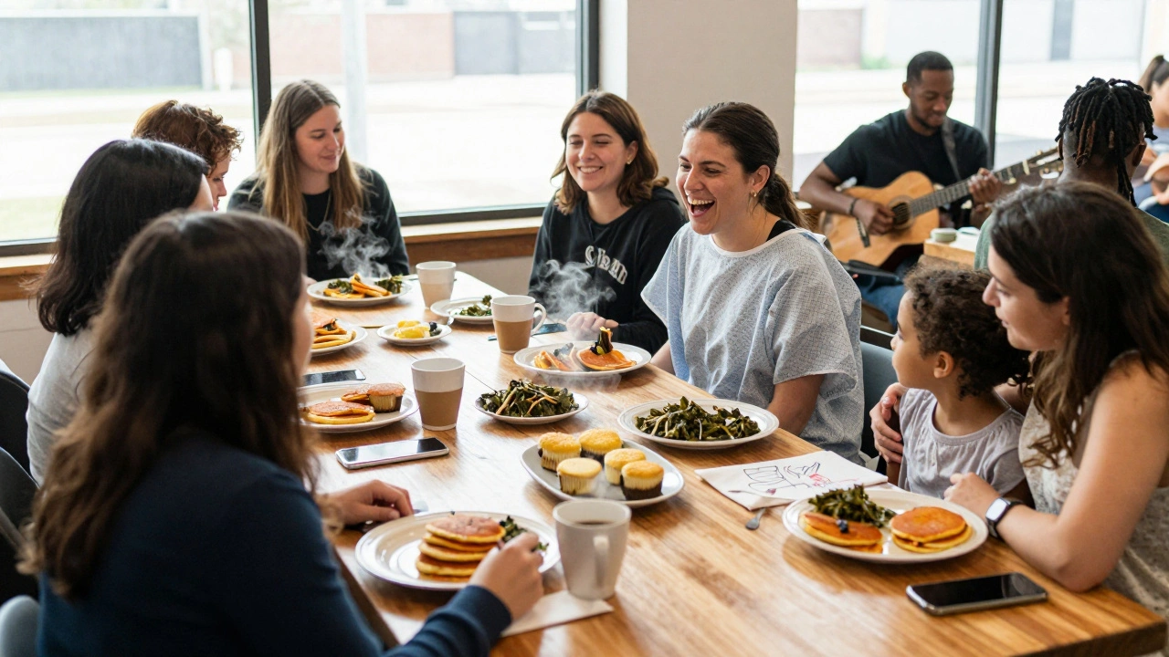 A diverse group of women and girls share a gospel brunch, laughing, hugging, and singing together in a warm, welcoming space.