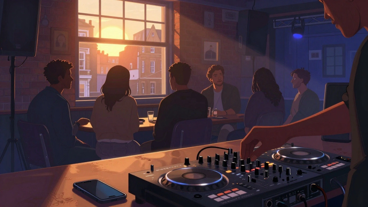 A DJ subtly transitions music as sunlight fades and patrons pause to listen.