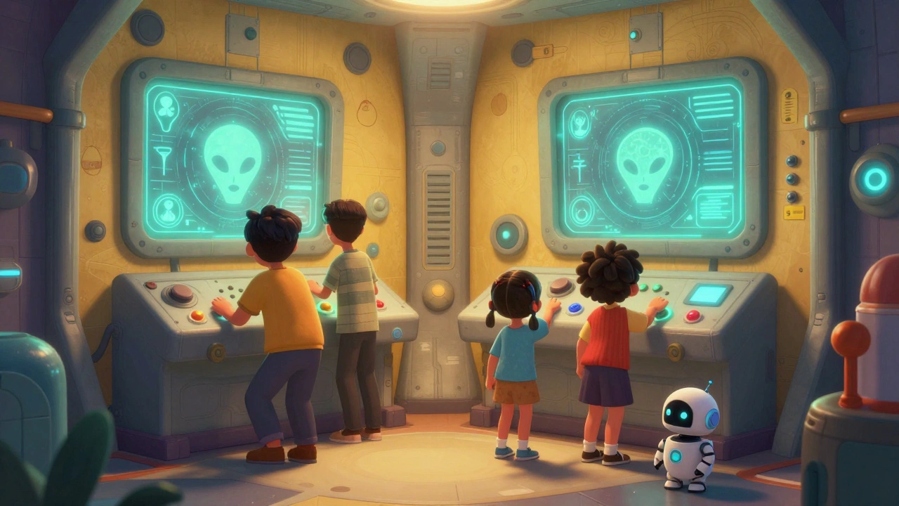 A family working together in a colorful space station escape room with holographic controls and toy robot.