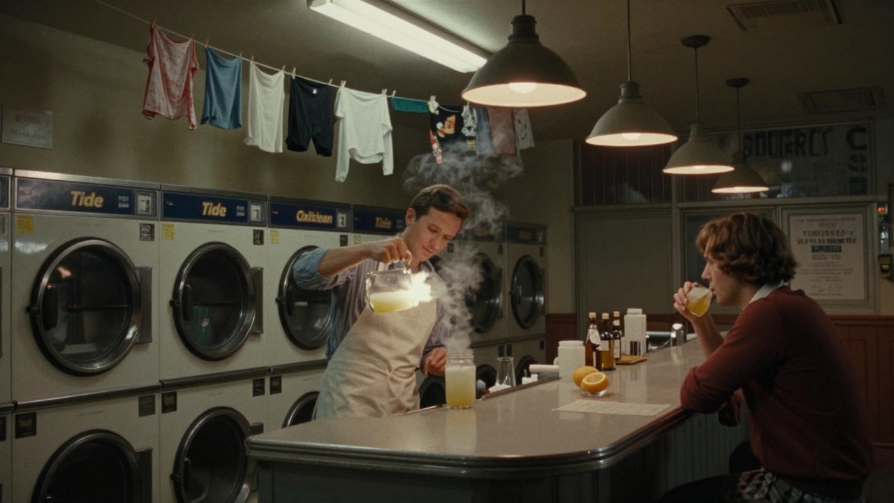 A former laundrette turned cocktail bar with washing machines and glowing drinks under flickering lights.