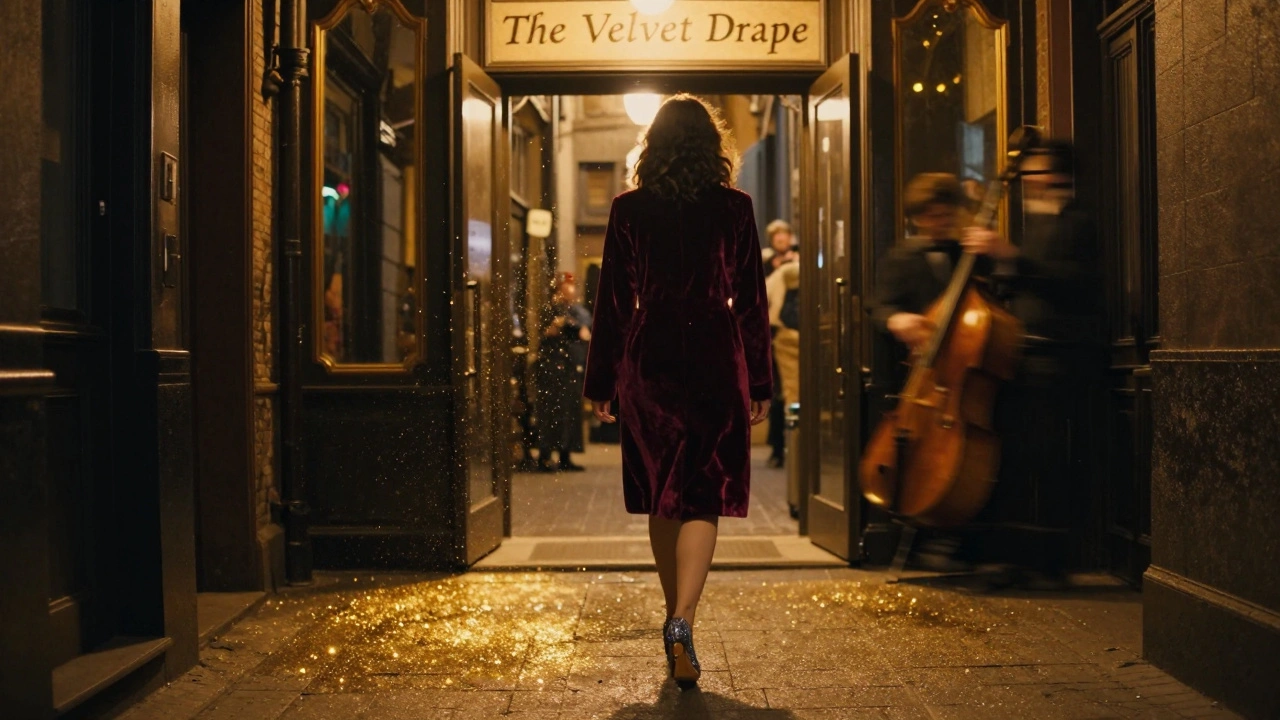 A glittering woman walks toward a dimly lit bar with vintage mirrors glowing in the night.