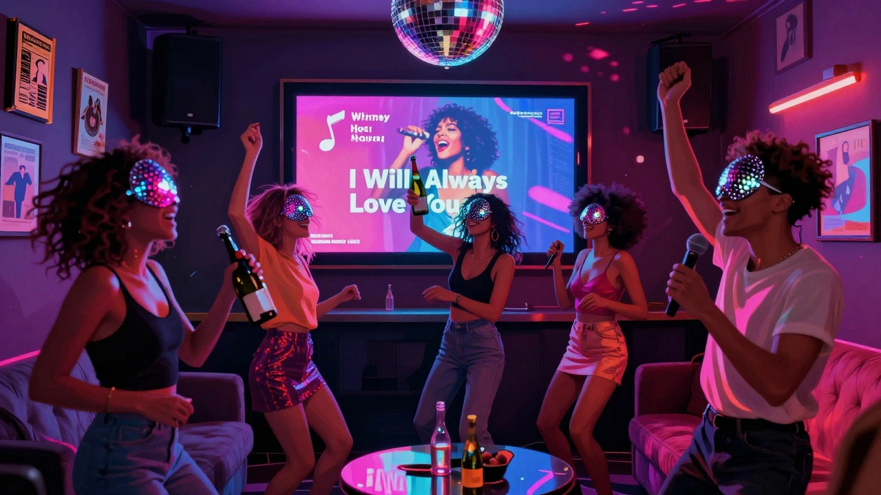A group dancing wildly in a neon-lit karaoke room, holding glittery microphones and champagne.