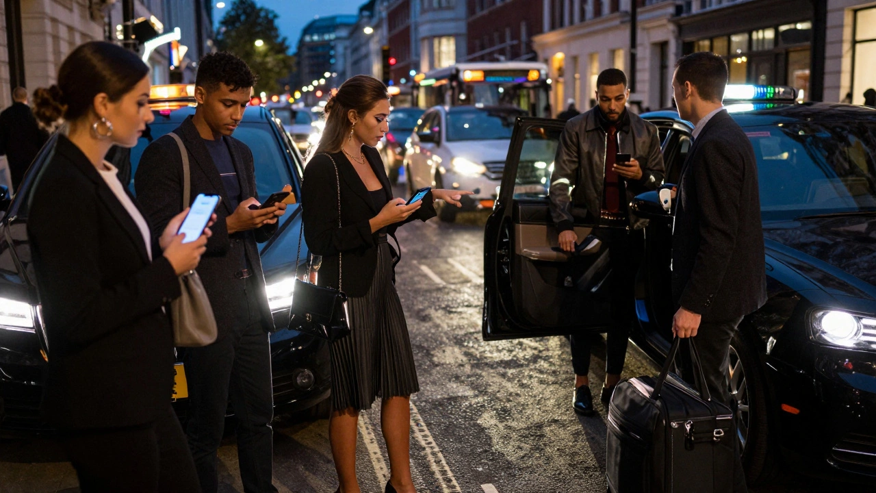 A group of friends with phones and luggage, waiting for two executive taxis in a London street at night.